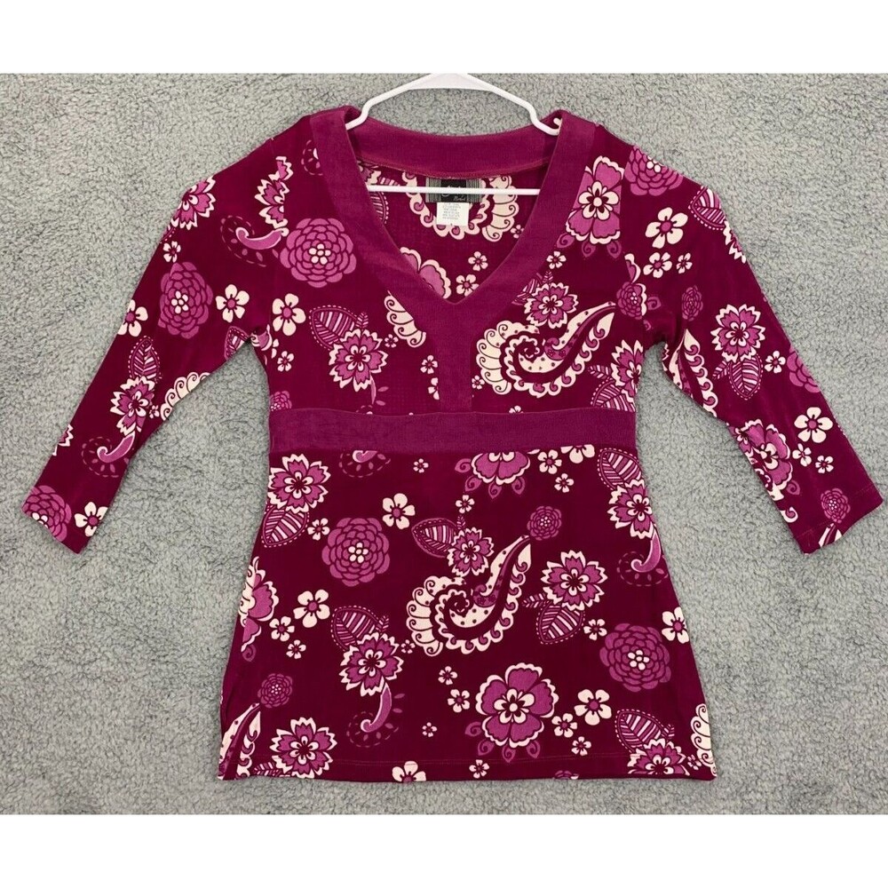 Slinky Brand Pink Floral Blouse Belt Tie Small (S) Velvet-feel 3/4 Sleeve V-Neck